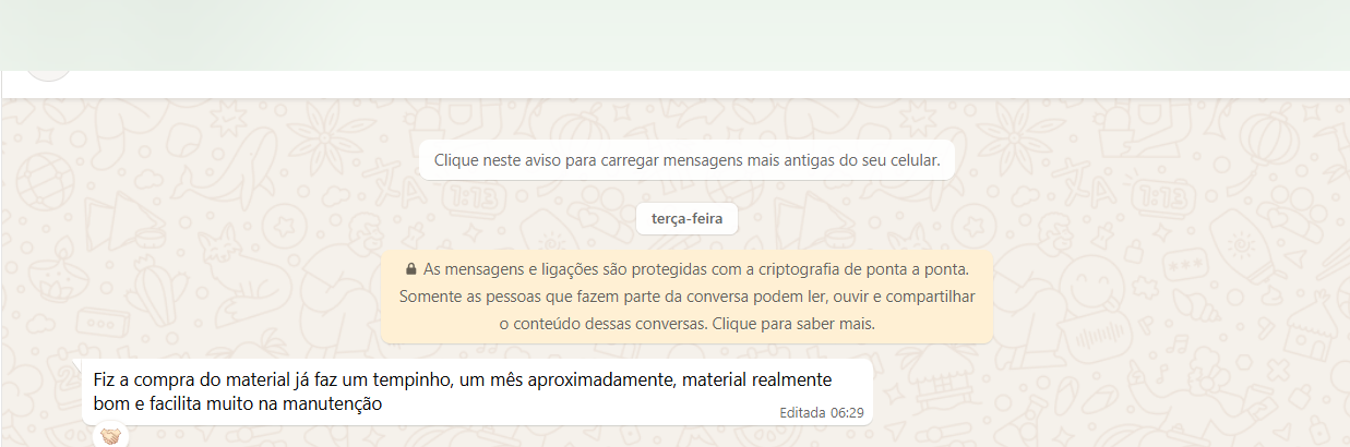 Print de reparador relatando que o material facilita a manutenção um mês após a compra